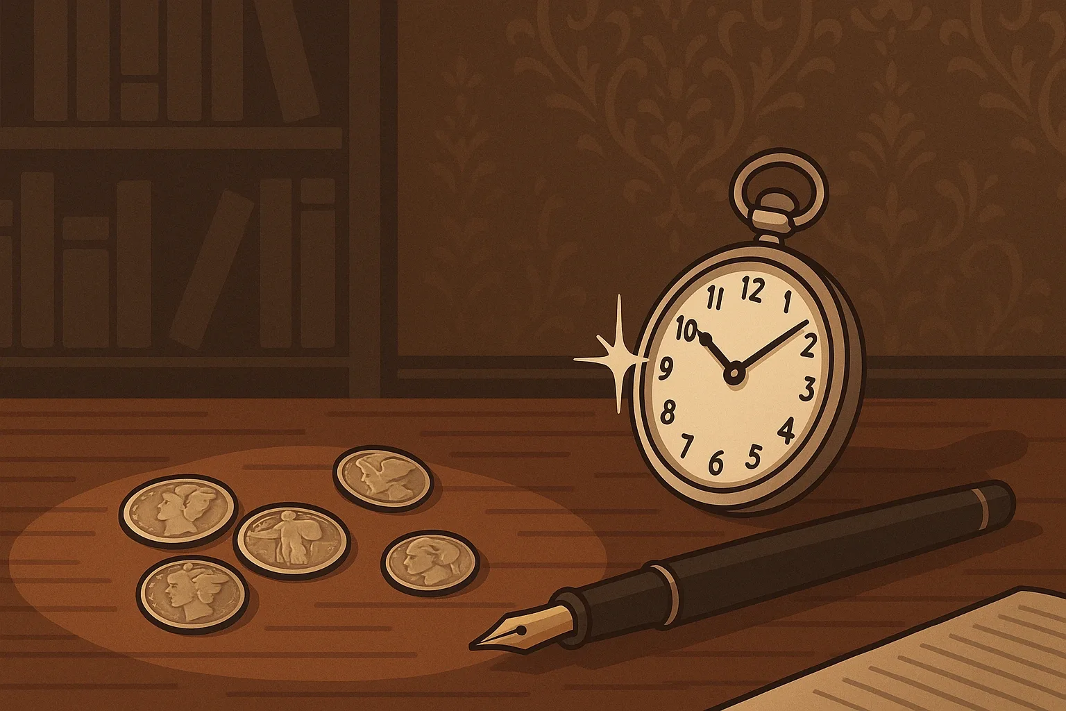 A still life with coins from 1920s, pocket clock, and a pen.