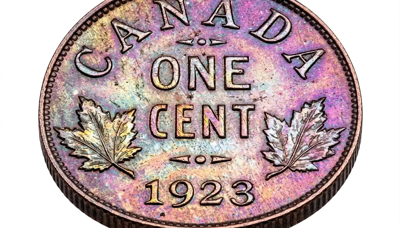 Canadian penny macro close-up featuring maple leaf reverse