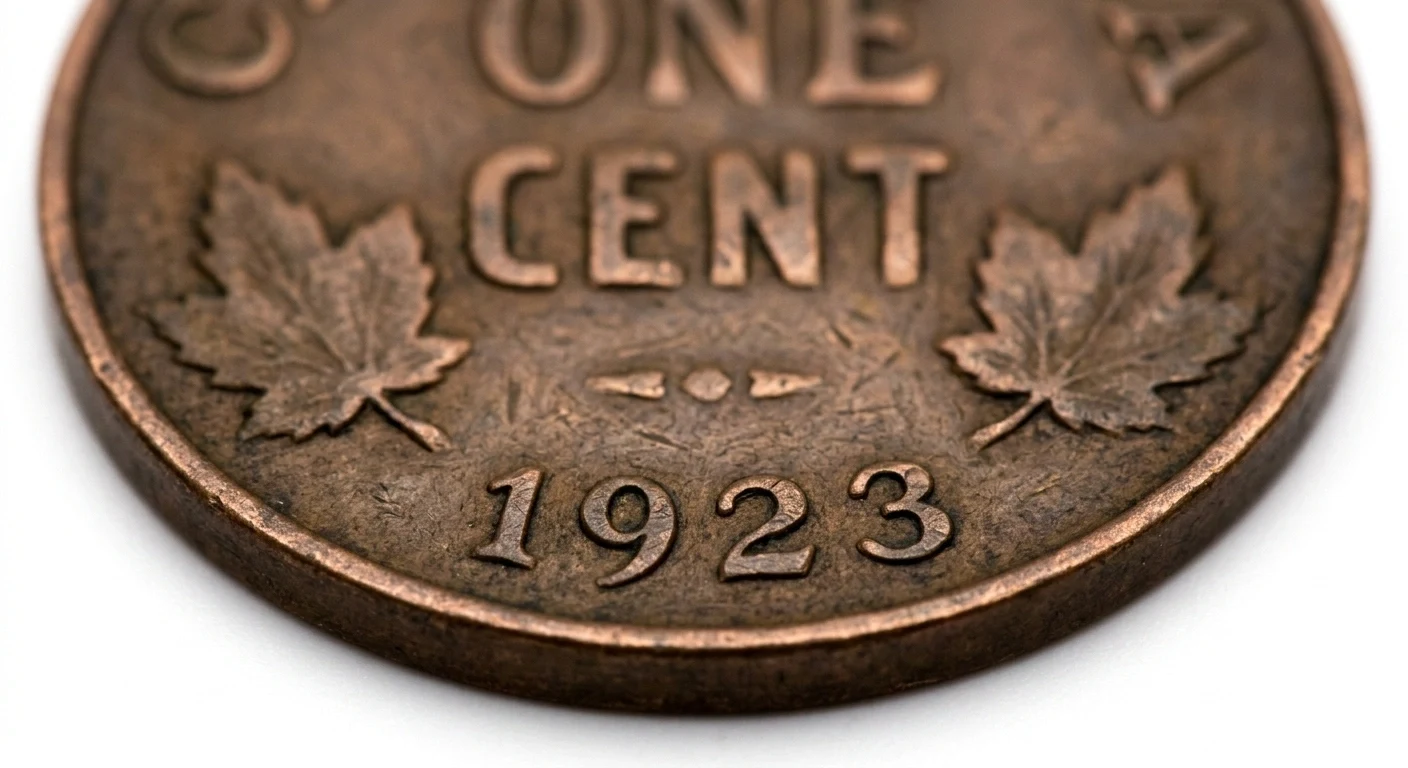 Macro image of circulated Canadian penny showing date and worn lettering