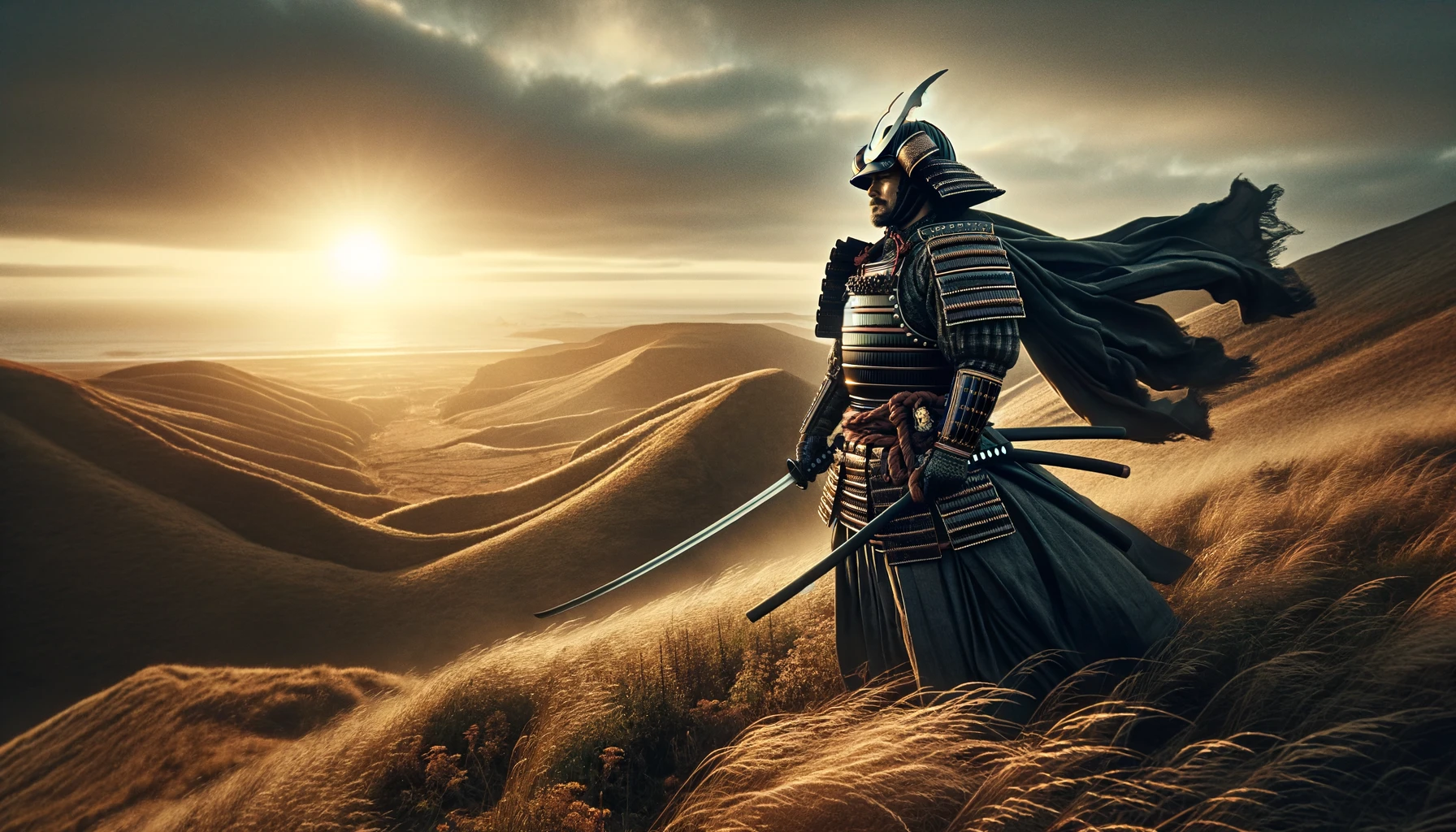 A powerful and stoic samurai standing on a windswept hill, looking out over a vast, ancient Japanese landscape.