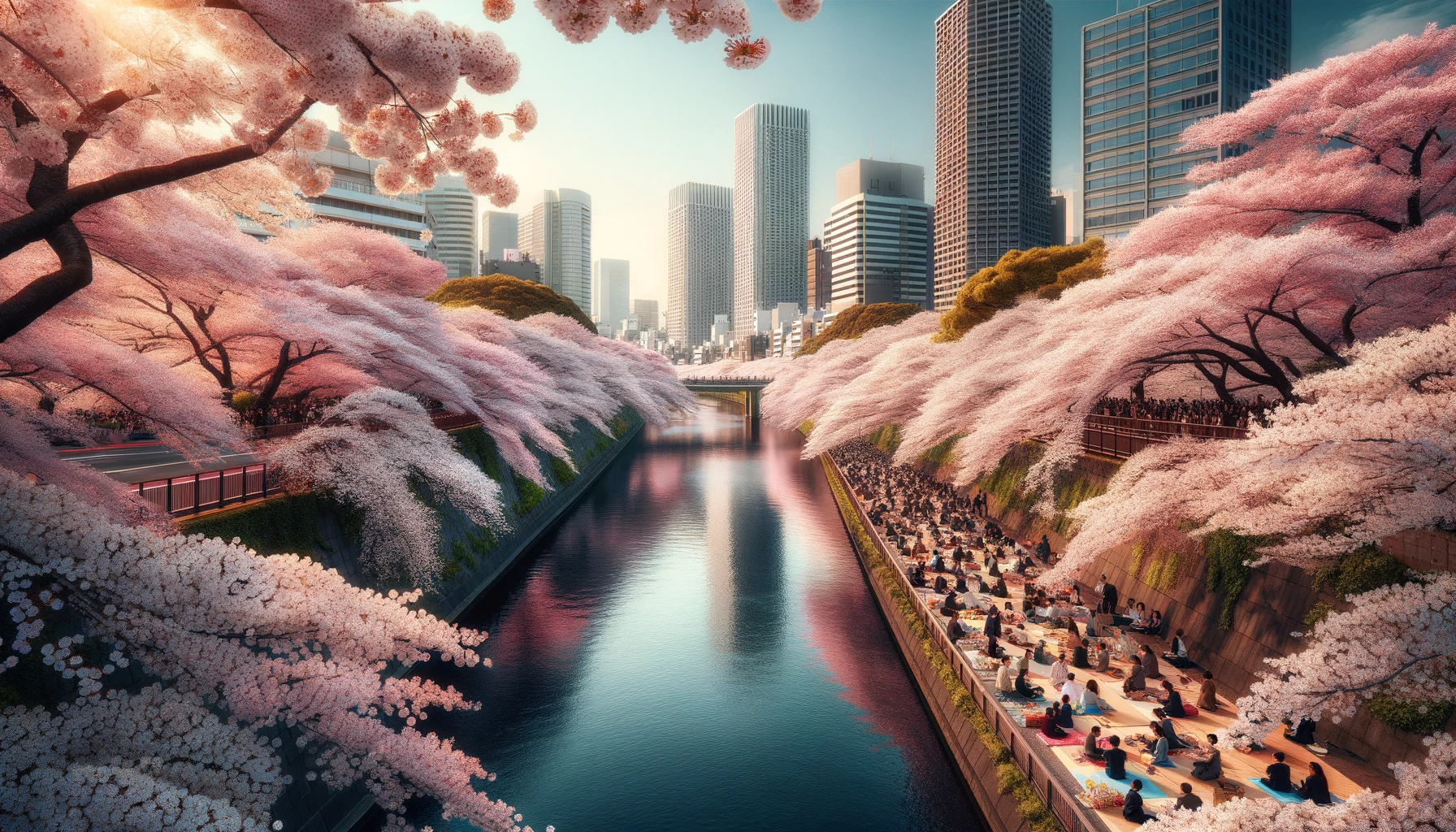  stunning view of cherry blossom trees in full bloom along the banks of a river in Tokyo, Japan.