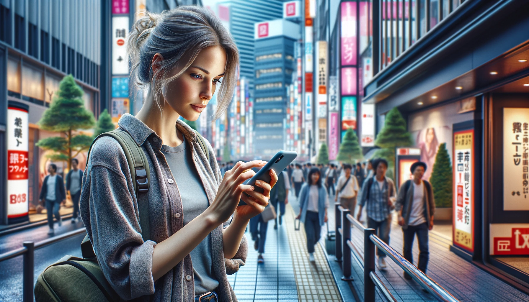 a young Caucasian female, casually dressed, looking intently at her phone screen, possibly using a location tracking app on a street in Japan.