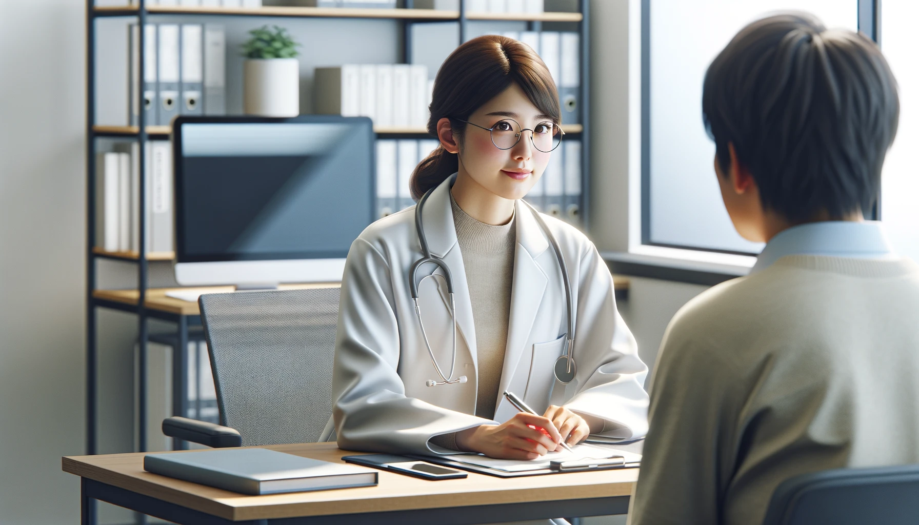 a female Japanese doctor in a clinic consultation room, sitting at a desk and discussing with a patient.