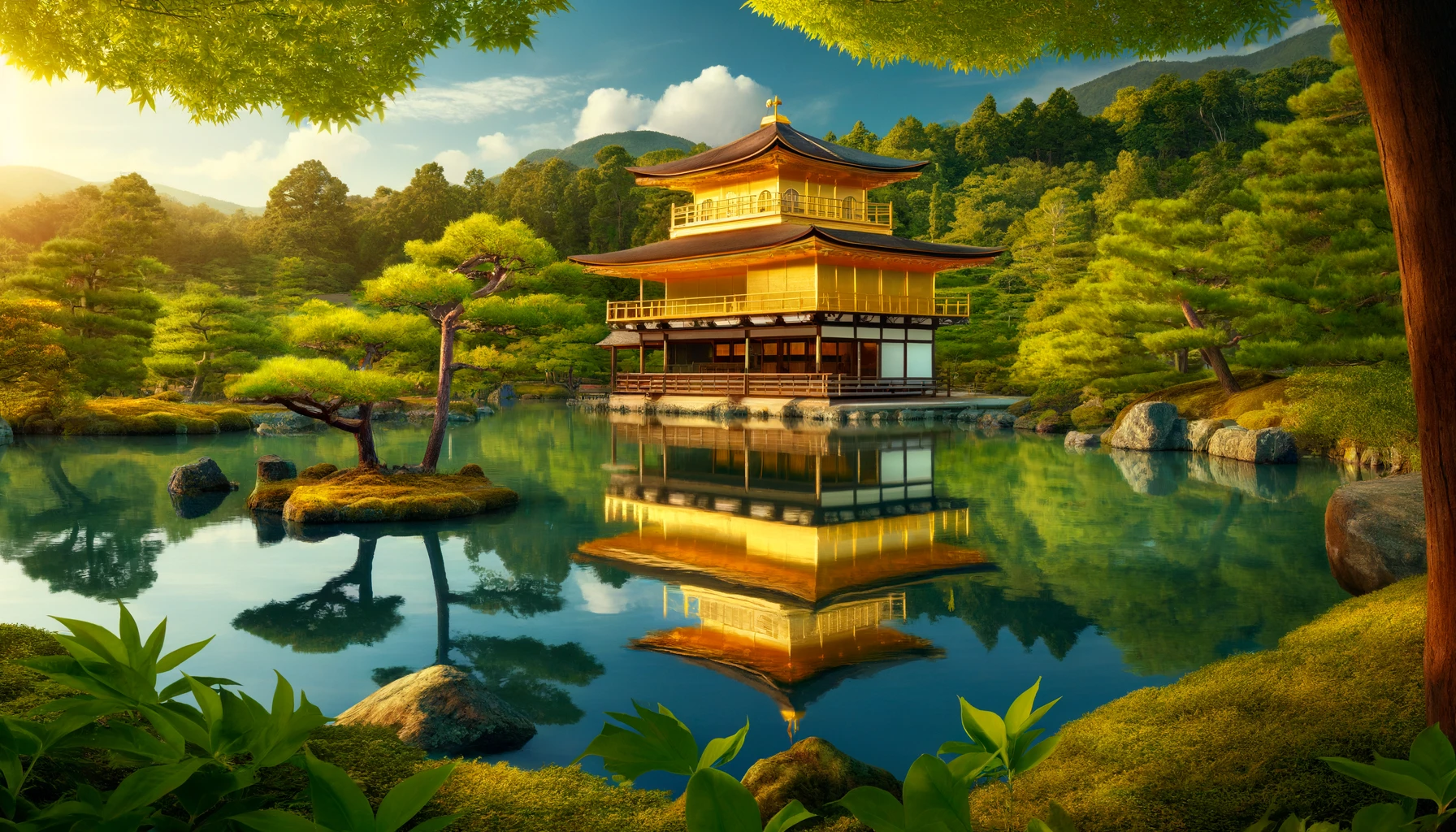 the Golden Pavilion (Kinkakuji Temple) in Kyoto, reflecting on a tranquil pond surrounded by meticulously maintained Japanese gardens.