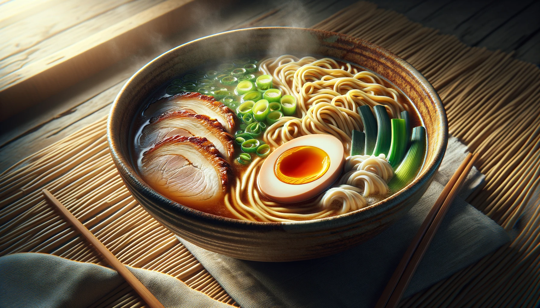 a traditional Japanese ramen bowl, featuring a rich, steaming broth with perfect swirls of noodles, topped with slices of tender pork, a soft-boiled egg, green onions, and bamboo shoots.