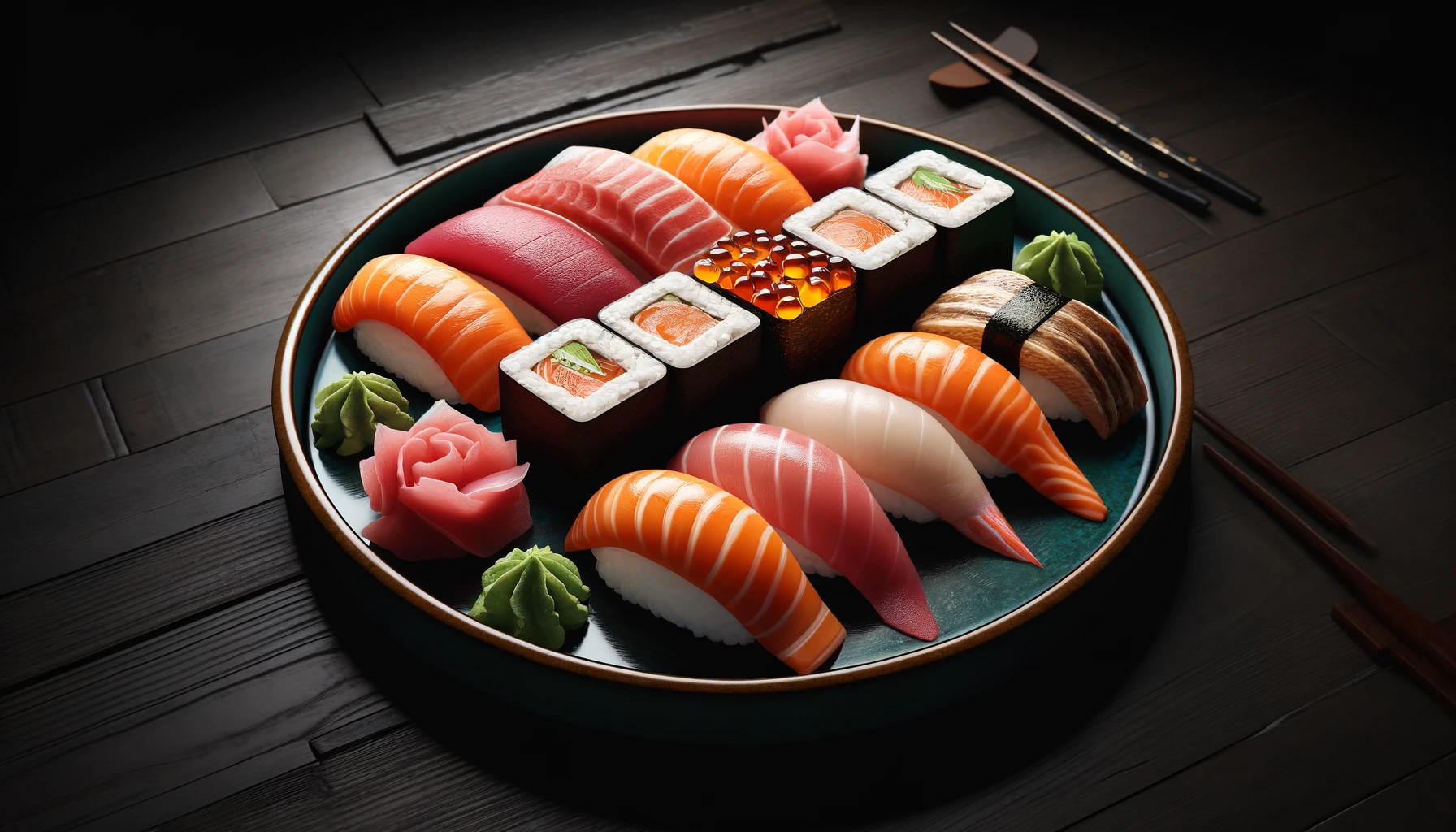 a beautifully arranged sushi platter with an assortment of nigiri and sashimi, showcasing fresh slices of salmon, tuna, and yellowtail on shaped rice.