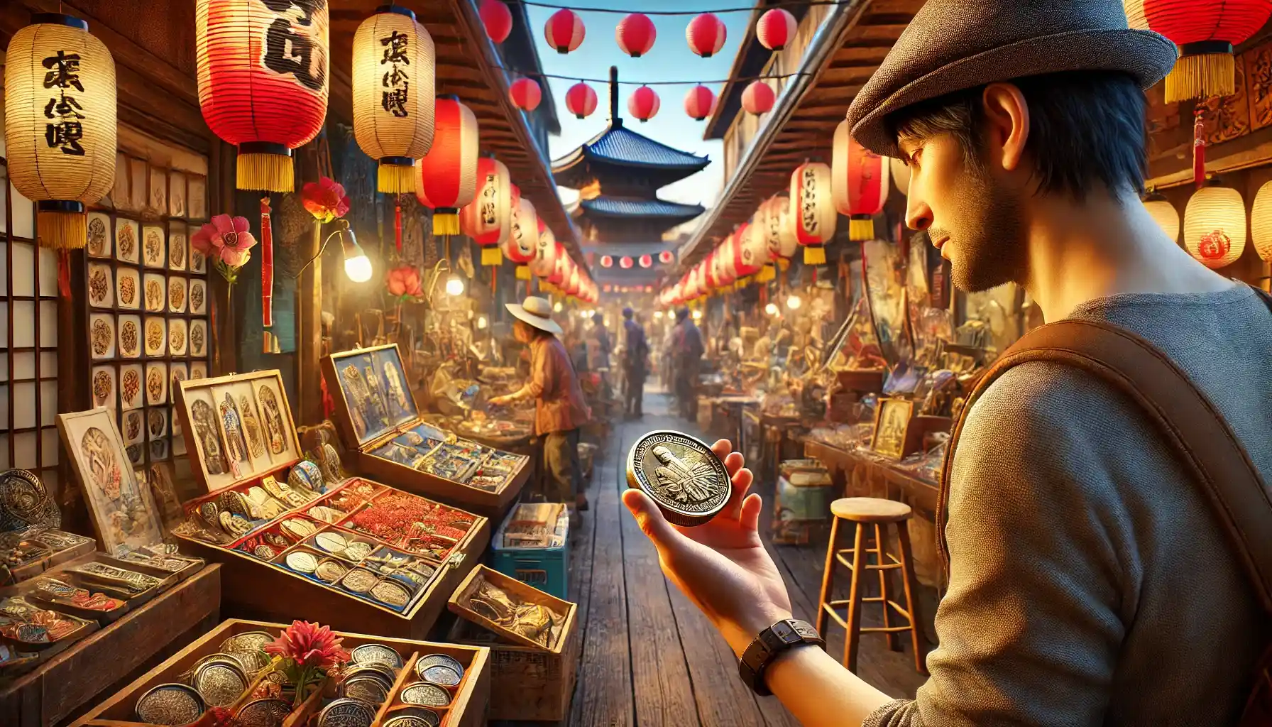A tourist is holding a collectible coin while browsing through traditional Japanese stalls with souvenirs.