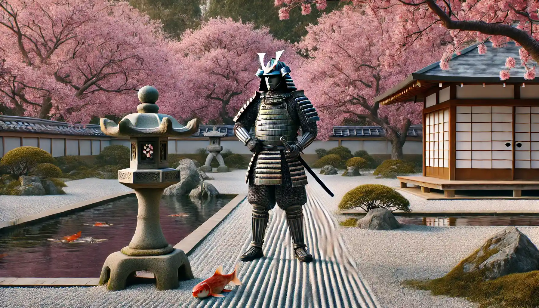 a samurai in traditional armor, standing confidently in a Japanese Zen garden with cherry blossoms in full bloom.