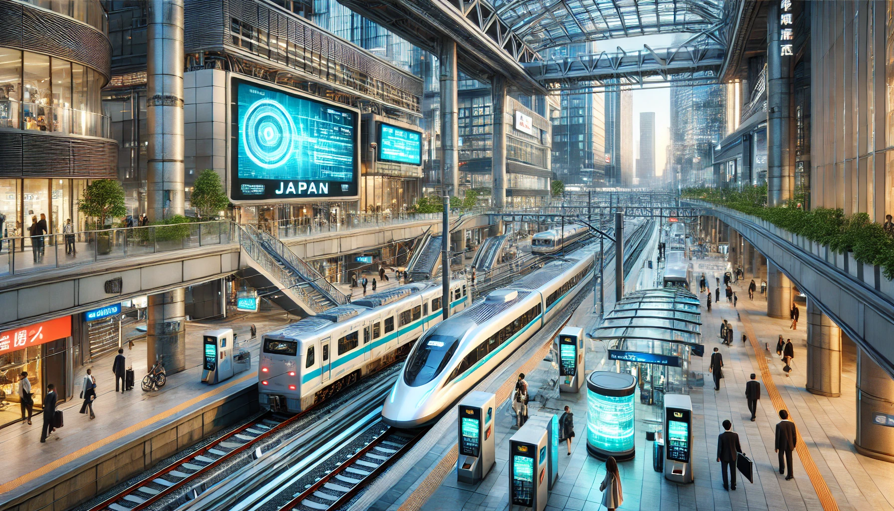 A bustling transportation hub in Japan with high-speed trains, modern buses, advanced ticketing machines, and sleek architecture, surrounded by skyscrapers and electronic billboards.