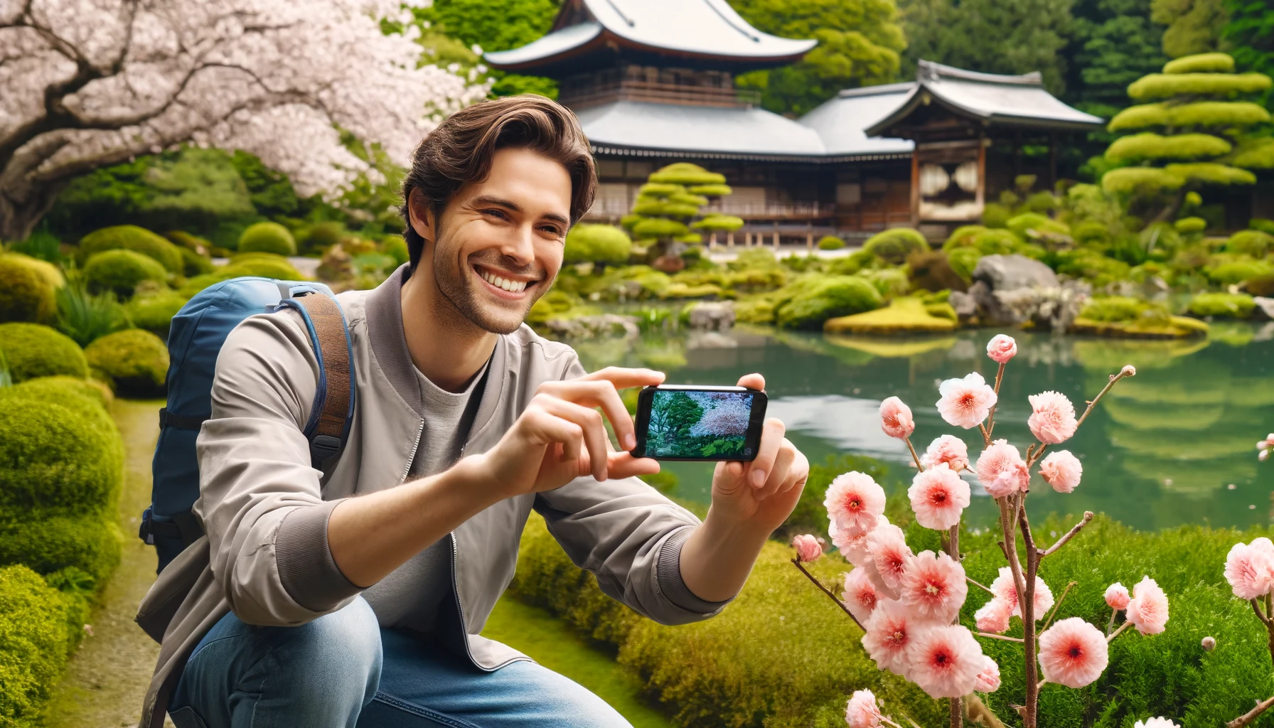 A smiling male tourist taking photos of plants in Japan with a phone. He is casually dressed, wearing a light jacket and jeans, holding a smartphone to capture the beauty of the flora.