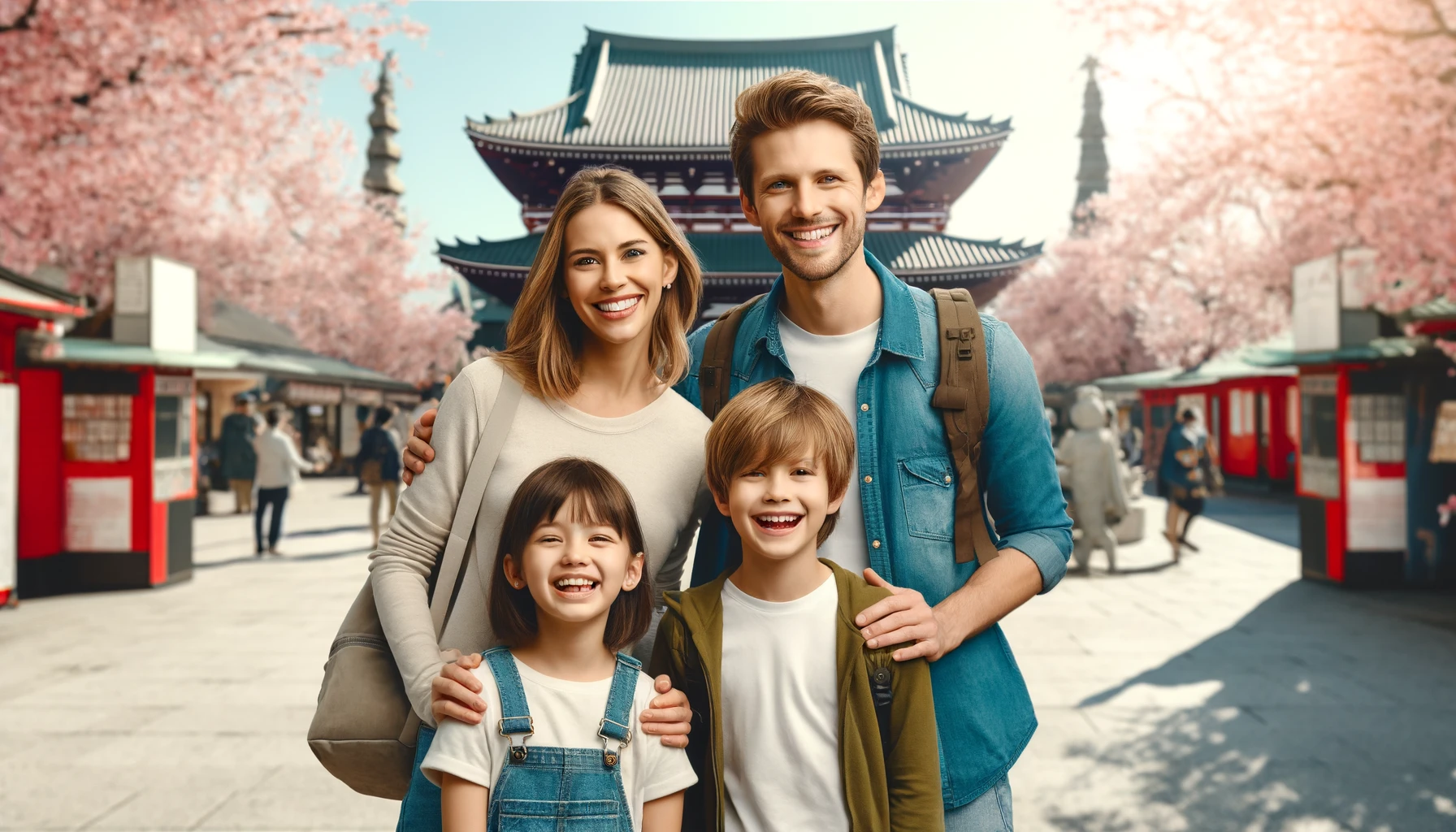 A happy family of tourists in Japan. The family consists of parents and two children, smiling and posing for a photo. They are standing in front of a famous Japanese landmark and cherry blossom trees.