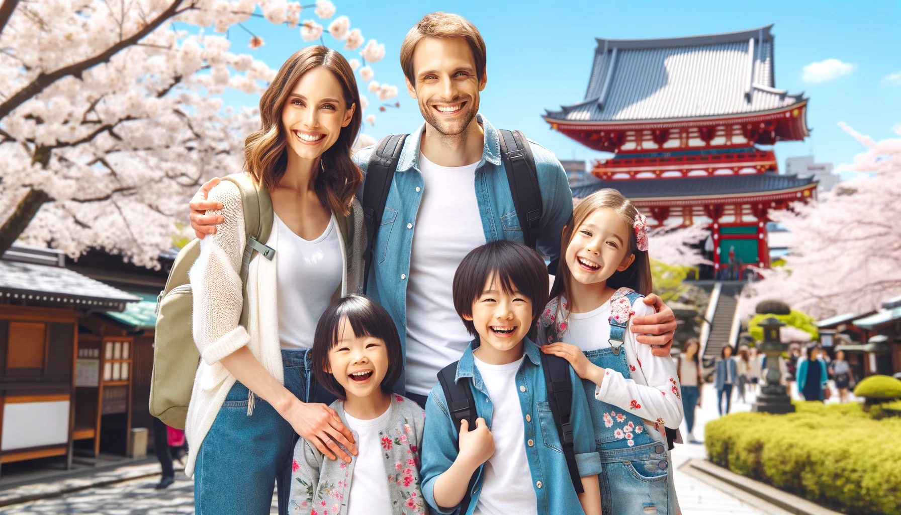 A happy family of tourists in Japan. The family consists of parents and three children, smiling and posing for a photo.
