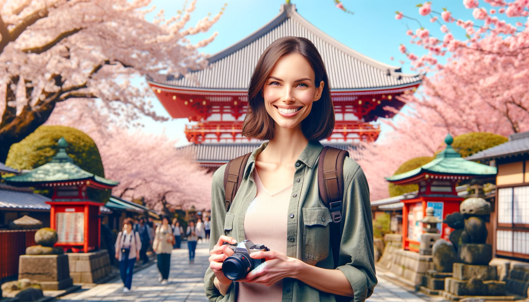 A smiling female tourist in Japan. She is standing in front of a famous Japanese temple and cherry blossom trees.