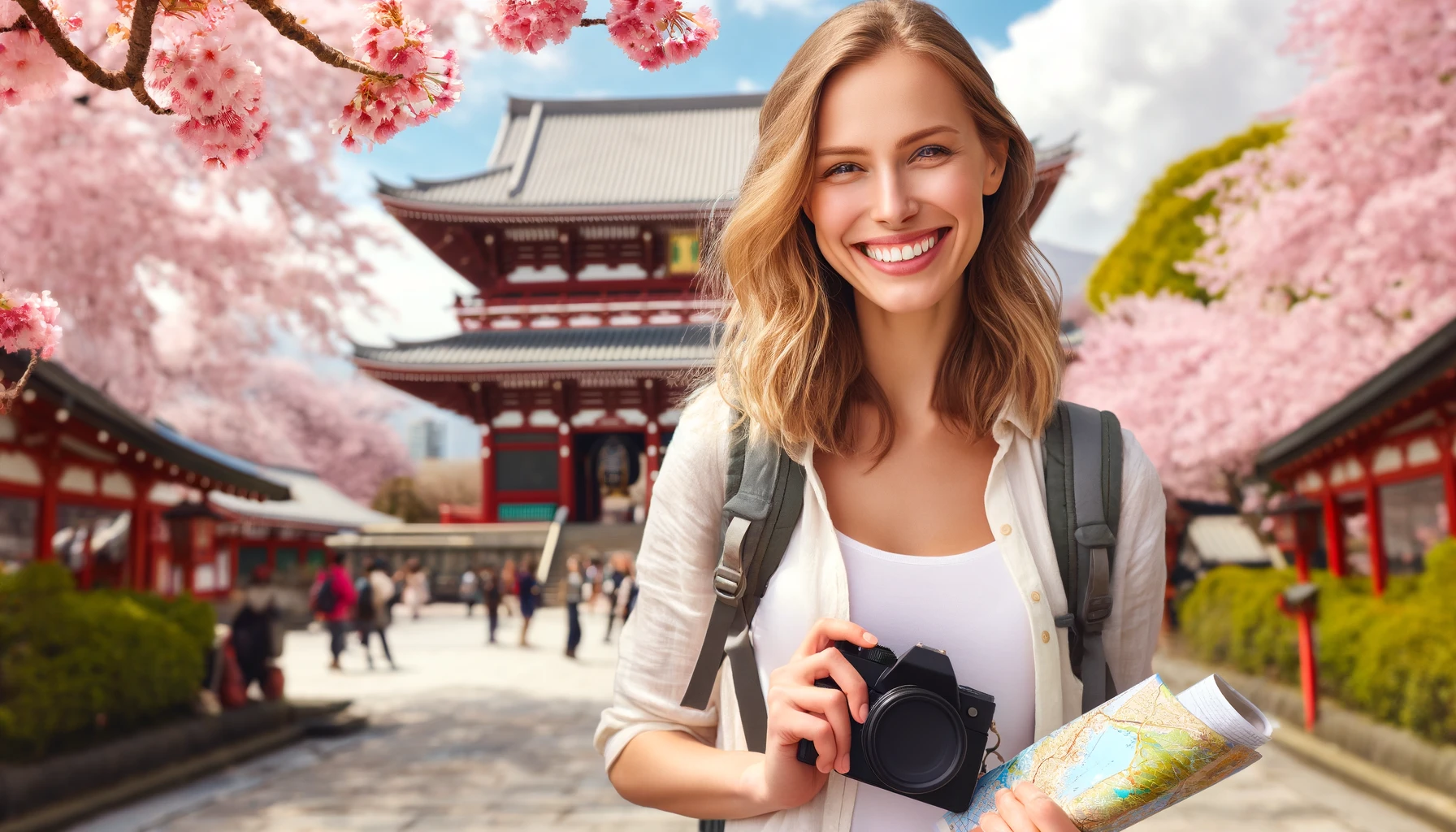 A smiling blonde female tourist in Japan. She is standing in front of a famous Japanese landmark and cherry blossoms.